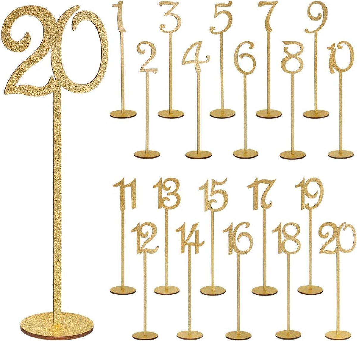 PandaHall Glitter Tafel Nummers 1-20 Houten Bruiloft Tafel Nummers Gouden Staande Zitplaats Kaarten met Houder Base voor Bruiloft Receptie Feest Evenement Woondecoratie Banket Catering Restaurant
