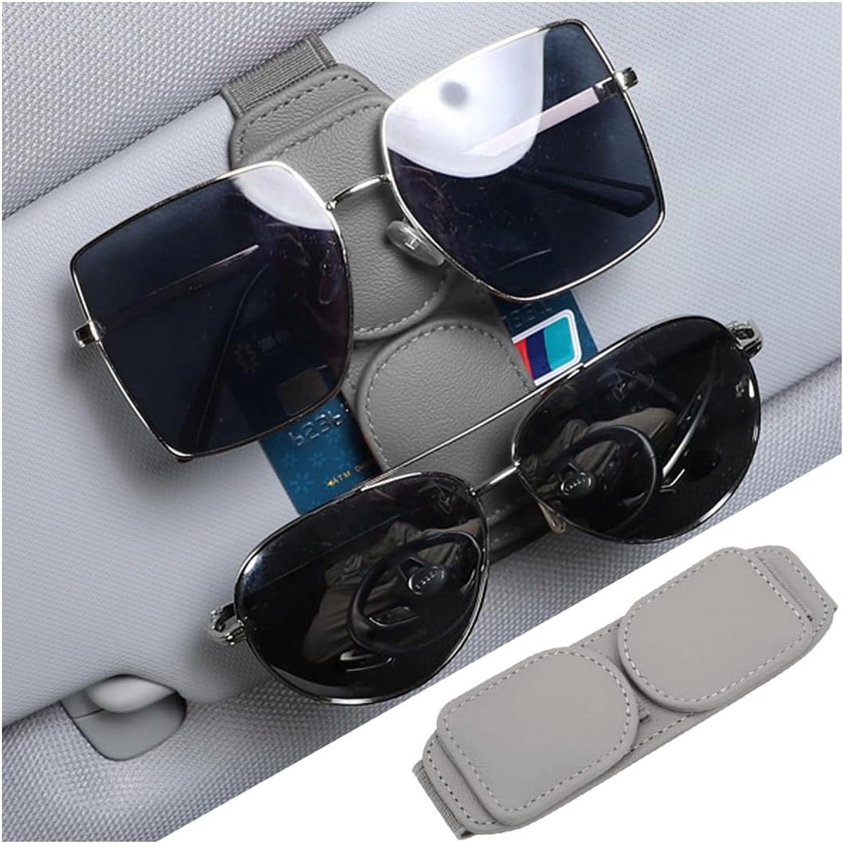 zonnebrilclip voor vizier, leren brillenkoker voor auto, vizierhouder, accessoires, gadget, zonnebrilhouder met dubbele laag voor auto, zonneklep (grijs)