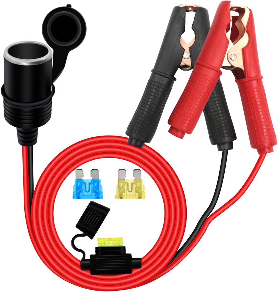 Verlengkabel voor Sigarettenaansteker met Krokodillenklemmen 14 AWG, 12V accuklem en Sigarettenaanstekeradapter met Zekering 15 A/20 A voor auto’s en Motorfietsen (3 m)