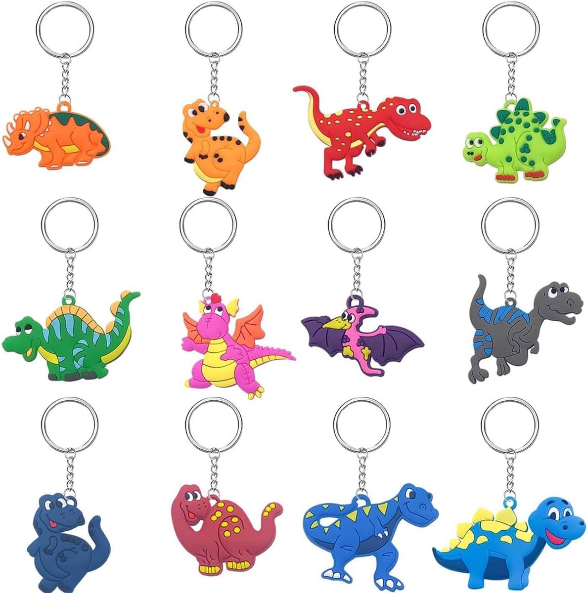36 stuks dinosaurus-sleutelhangers van siliconen, accessoires voor rugzak, sleutels, cadeau-ideeën voor kinderverjaardagsfeesten (12 stijlen, 3 per stijl)