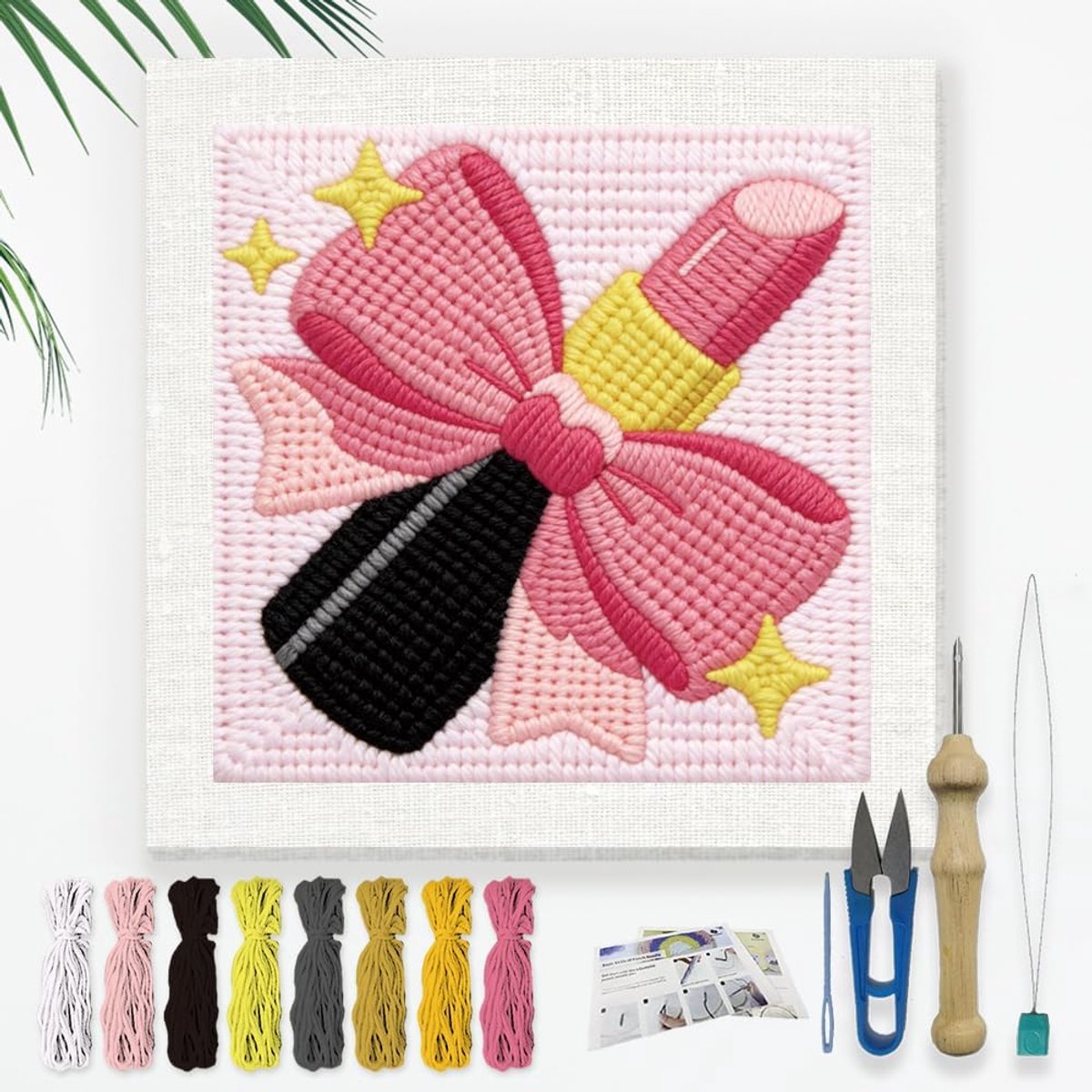 Lippenstift met strikken, naaldset voor beginners, 24 x 24 cm, make-up ponsen, borduurwerk, knutselset, doe-het-zelf borduurwerk, beginner met bedrukt frame, handleiding met draadinsteker