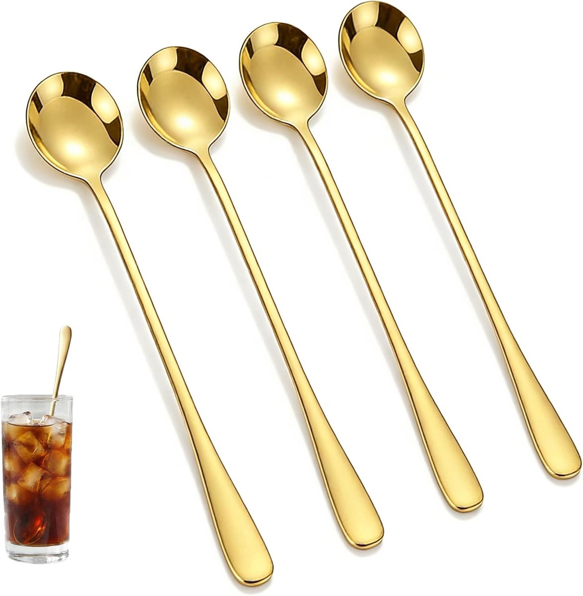 4-delige soeplepel set, 18,2 cm lange steel roestvrijstalen theelepels, goud gegalvaniseerde spiegel Poolse cocktailroerders, vaatwasmachinebestendig voor thuis, bar, restaurant, café (goud