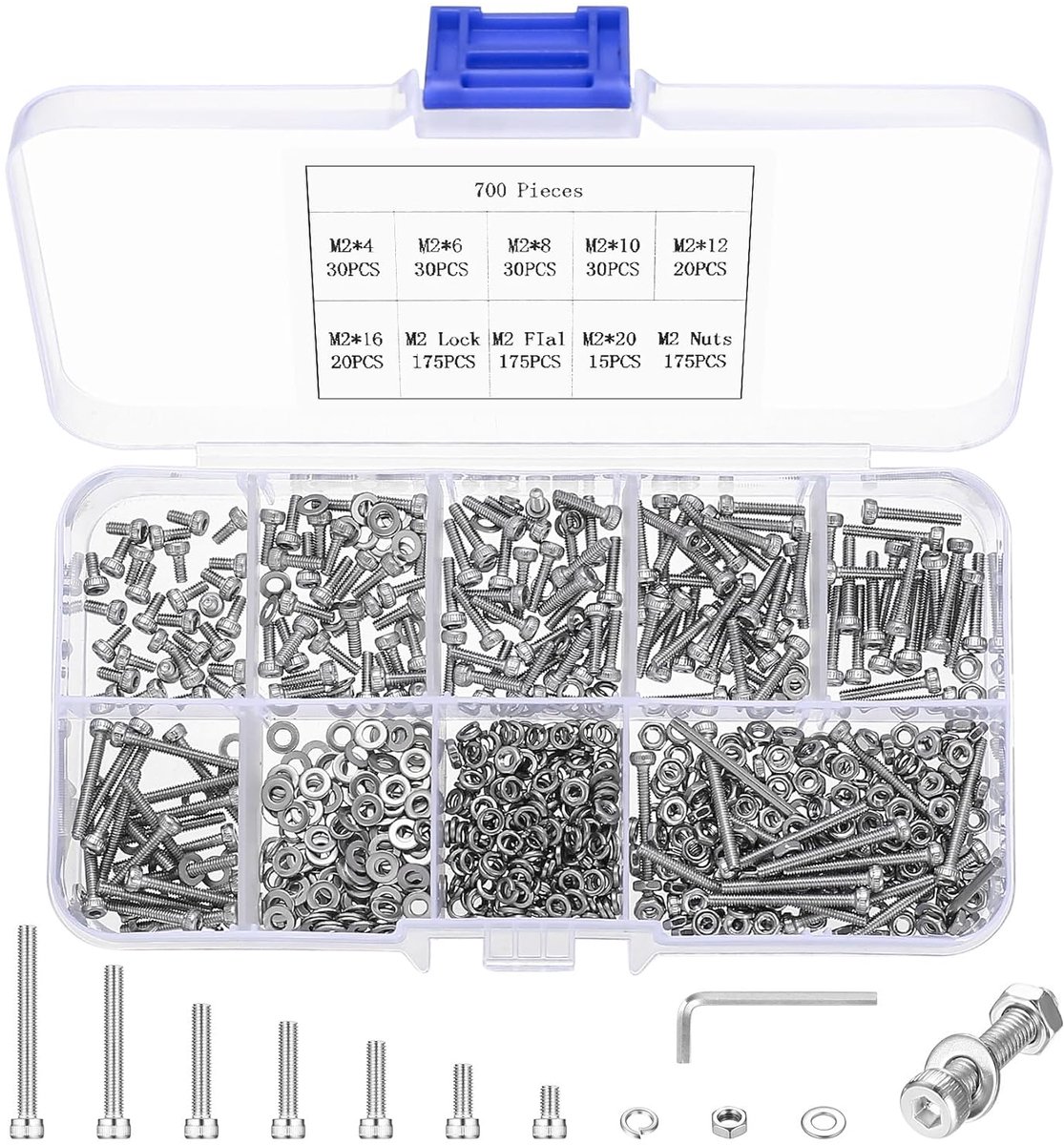 700 stuks M2 schroevenset, roestvrij staal 304 binnenzeskant cilinderschroeven met moeren en sluitringen, zeskantschroeven, assortiment voor modelbouw en elektronica