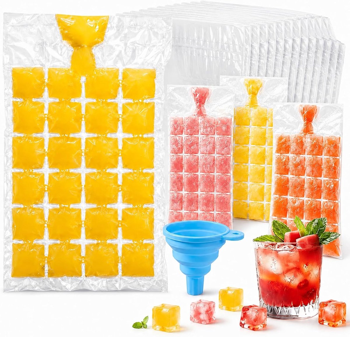 IJsblokjesvorm voor 480 blokjes, 20 zelfdichtende zakken met trechter, alternatief voor ijsblokjes, cocktails, whisky, vormen voor vriezer