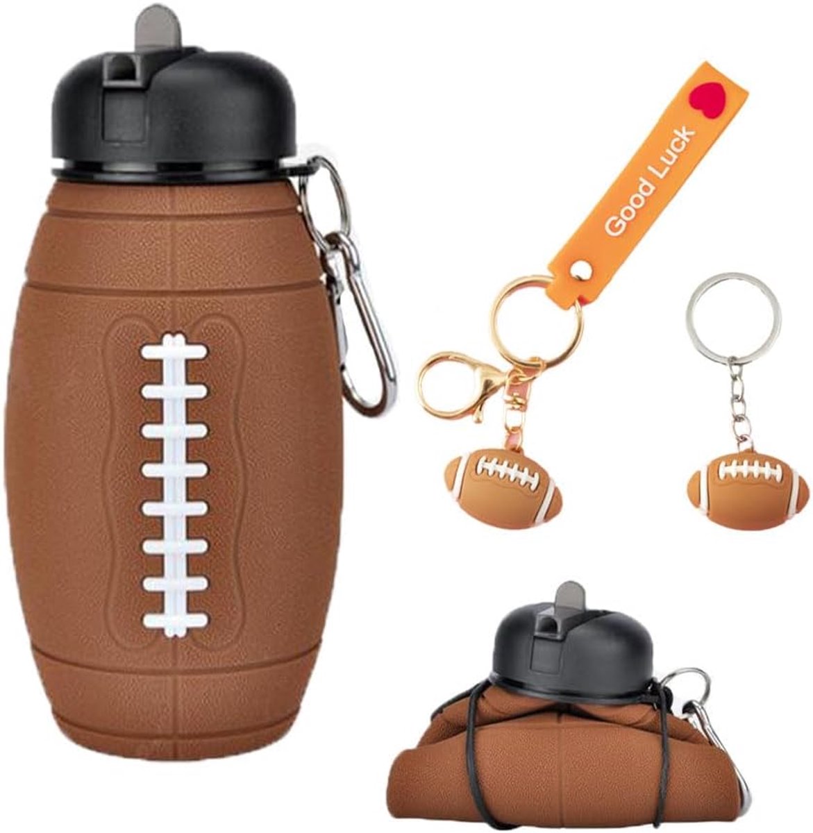 Drinkfles, 550 ml, waterfles van siliconen, BPA-vrij, rugby sleutelhanger, opvouwbare waterfles voor jongens, kinderen en volwassenen