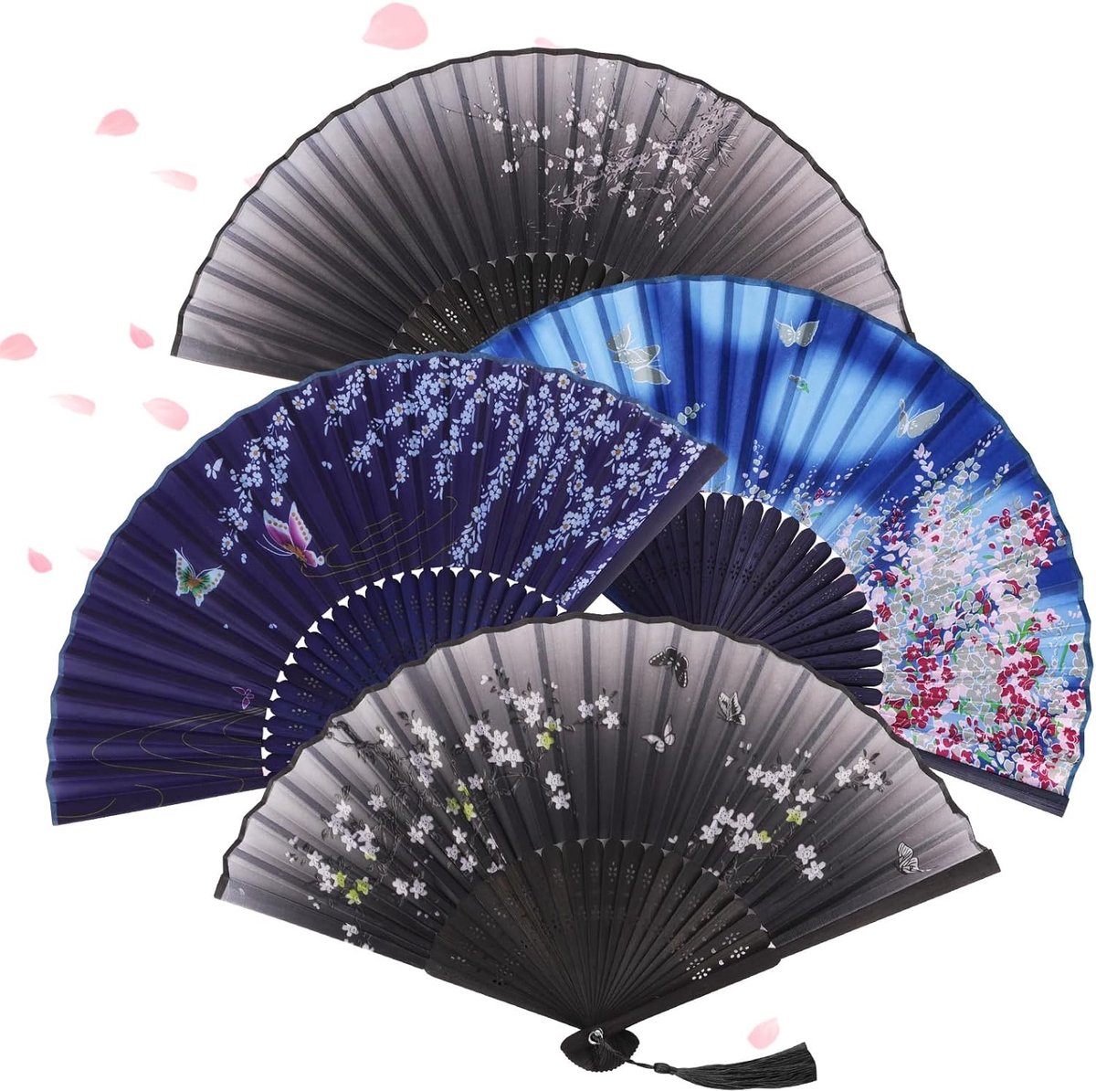4 stuks draagbare ventilator stof handmatige ventilator Chinese ventilatoren met kwastje voor verjaardagscadeaus dansen cosplay bruiloft feest rekwisieten decoratie (A blauw+