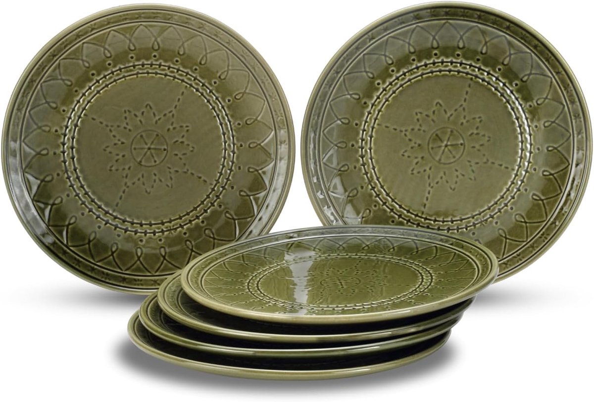 Dinerborden keramische handgemaakte grote dinerborden set van 6-10,6 inch | magnetronbestendig en vaatwasmachinebestendig - mosgroen