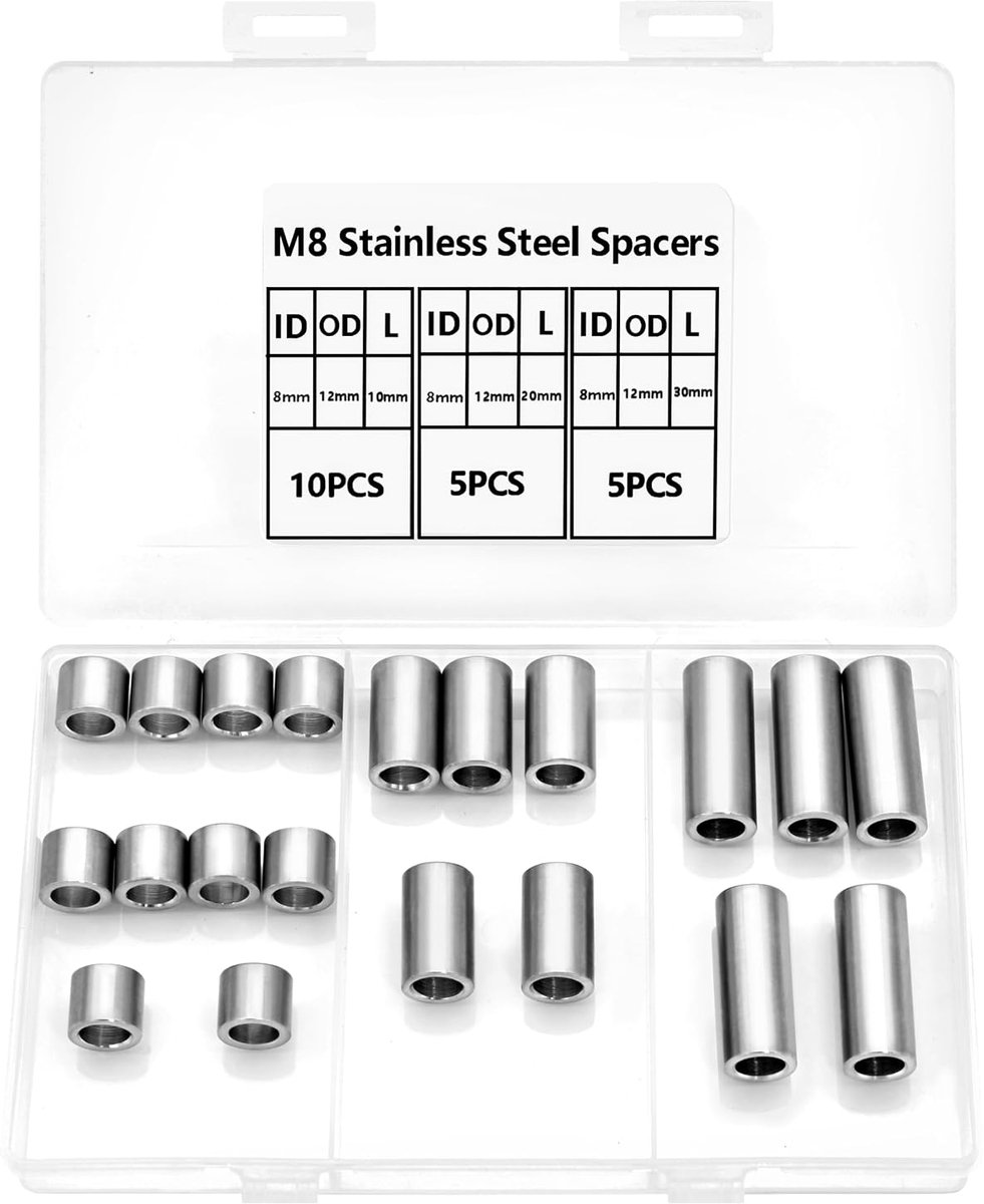 20 stuks afstandshulzen roestvrij staal, 8 mm ID x 12 mm OD x 10/20/30 mm L, ronde afstandshulzen zonder binnendraad, kolommen voor schroeven M8, zilver
