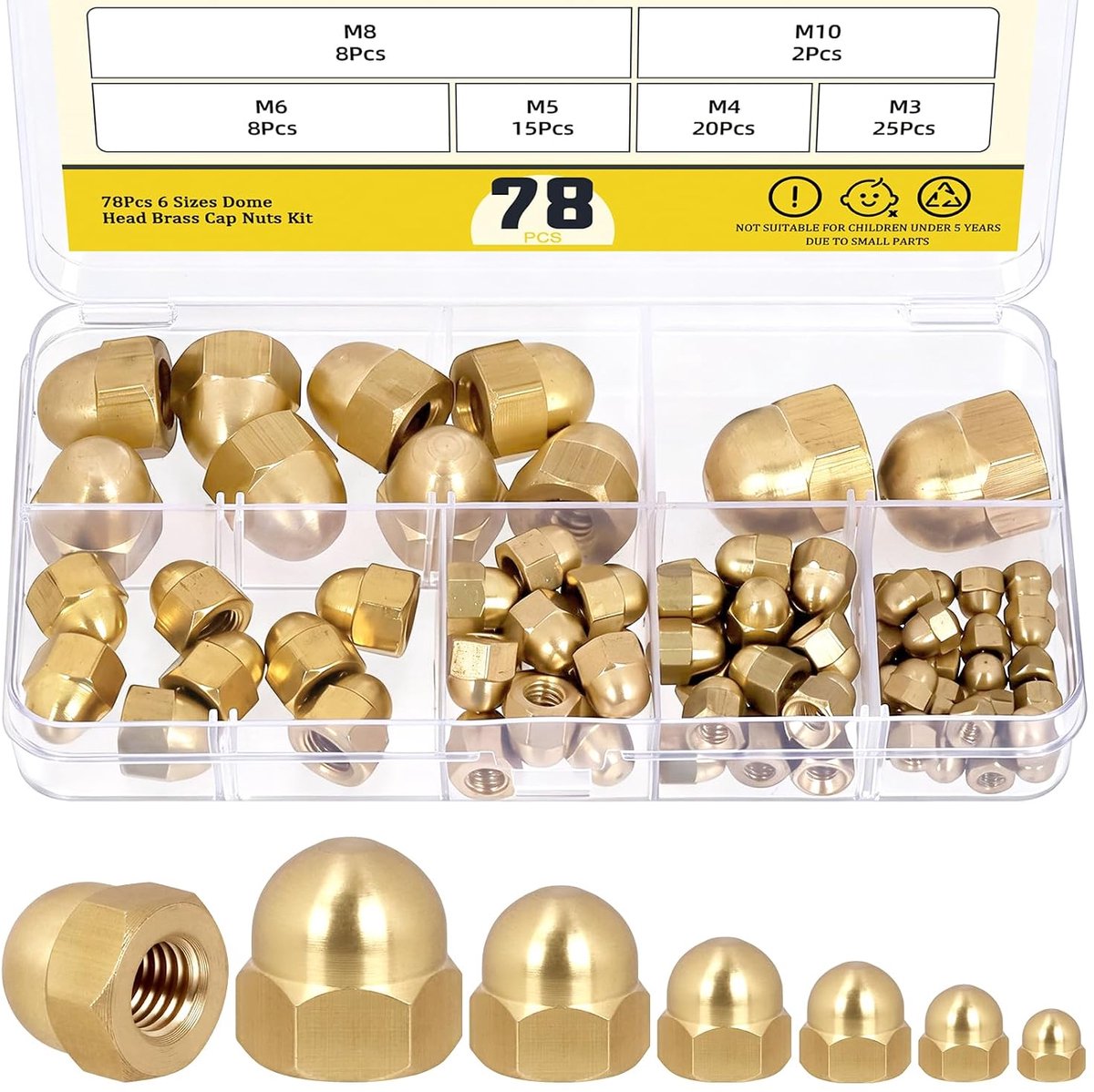 78 stuks M3, M4, M5, M6, M8, M10 messing hoedmoeren, metrische zeskantmoeren voor binnen en buiten