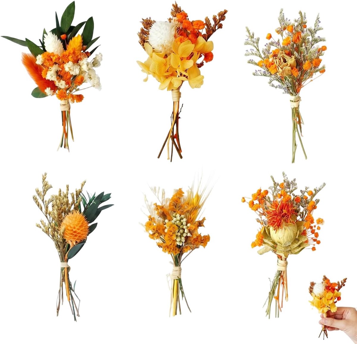 6 boeketten met mini-droogbloemen, oranje, klein boeket van natuurlijke gedroogde bloemen voor tafeldecoratie, vaas, landelijke bruiloft en doe-het-zelf, geconserveerde flora voor thuis