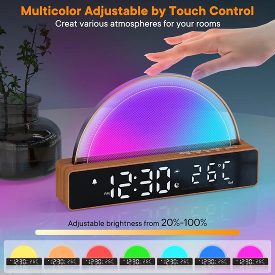 Wekker met Licht - Nachtlamp Wake-up Light - Rustig Ontwaken - 10 Slaaphulpen - Temperatuur Display - Hout Zwart — afbeelding 2
