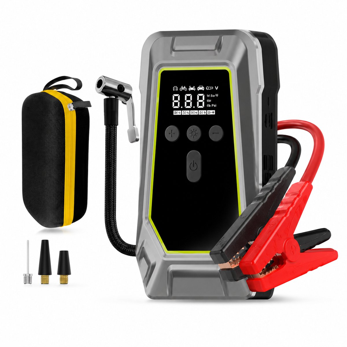 Jurrys 12v Jumpstarter - Startkabels - Powerbank 4 in 1 - Luchtcompressor - Bandenpomp - Usb aansluiting - Met zaklamp - Inc Hardcover