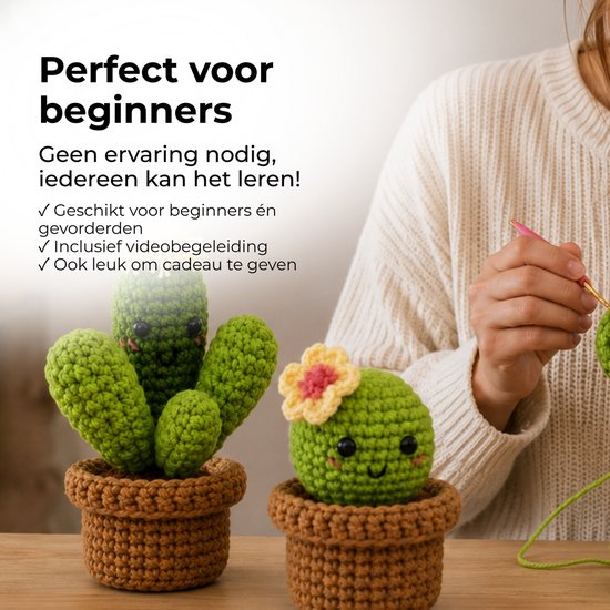 Twee gehaakte cactussen, groen met bloemen en stengels, perfect voor beginners en inclusief videobegeleiding.