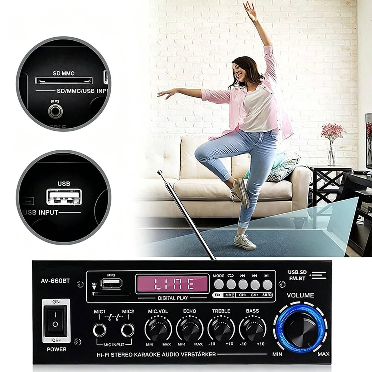 Hi-Fi-versterker - Met Bluetooth 5.0 en afstandsbediening - 12V - Auto- en thuisversterker - Hi-Fi Bluetooth-versterker - Dubbele microfooningangen - Zwart thumbnail 3