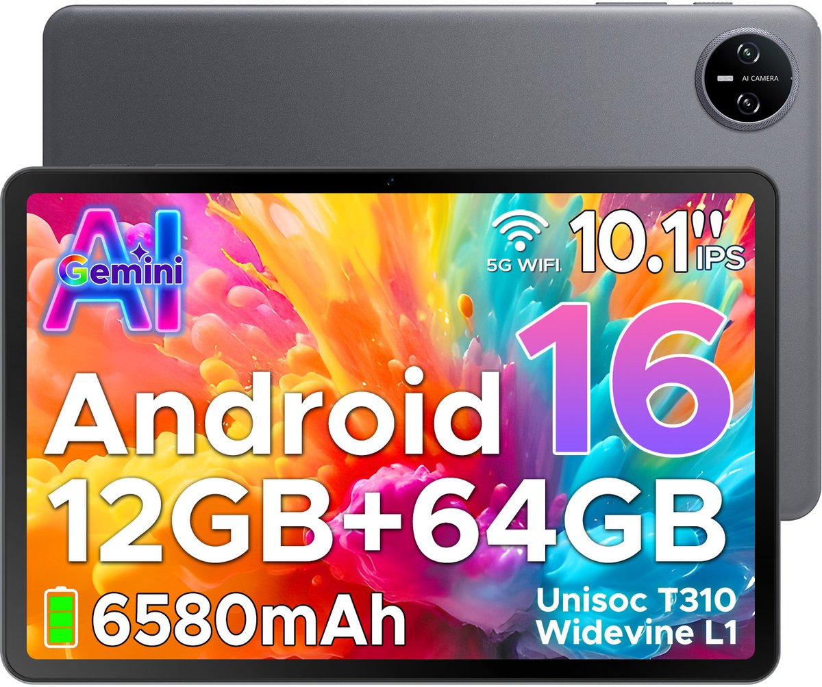 DOOGEE TAB A9 - Tablet - Android 16 - 12GB RAM + 64GB ROM（2TB/TF） - 10 Inch - 6580 mAh - 5G WiFi - Tablet Unisoc T310 - Dubbele Luidspreker - 3,5 mm aansluiting - Face ID - Grijs