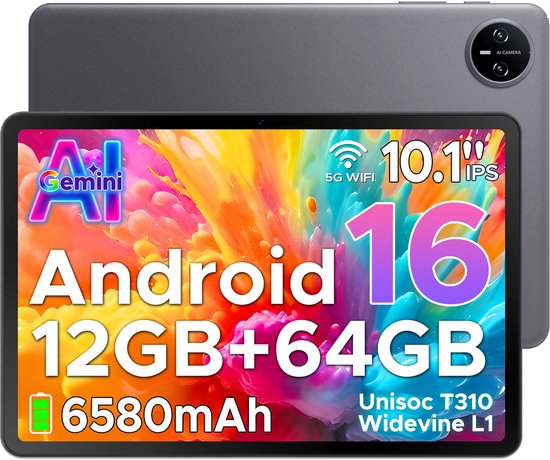 Grijze DOOGEE TAB A9 tablet met Android 16, 10.1" IPS scherm, 12GB+64GB opslag en 6580mAh batterij.