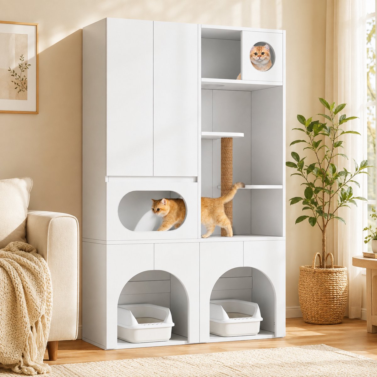 Kattenbak kast - Opbergkast - Hoge kast - 2-in-1 Kast - Kattenhok - Met krabpaal - Met een rustplaats - Met opbergruimte - 140x45x195 cm - Biedt plaats aan twee kattenbakken - Geschikt voor zowel katten als honden - Wit