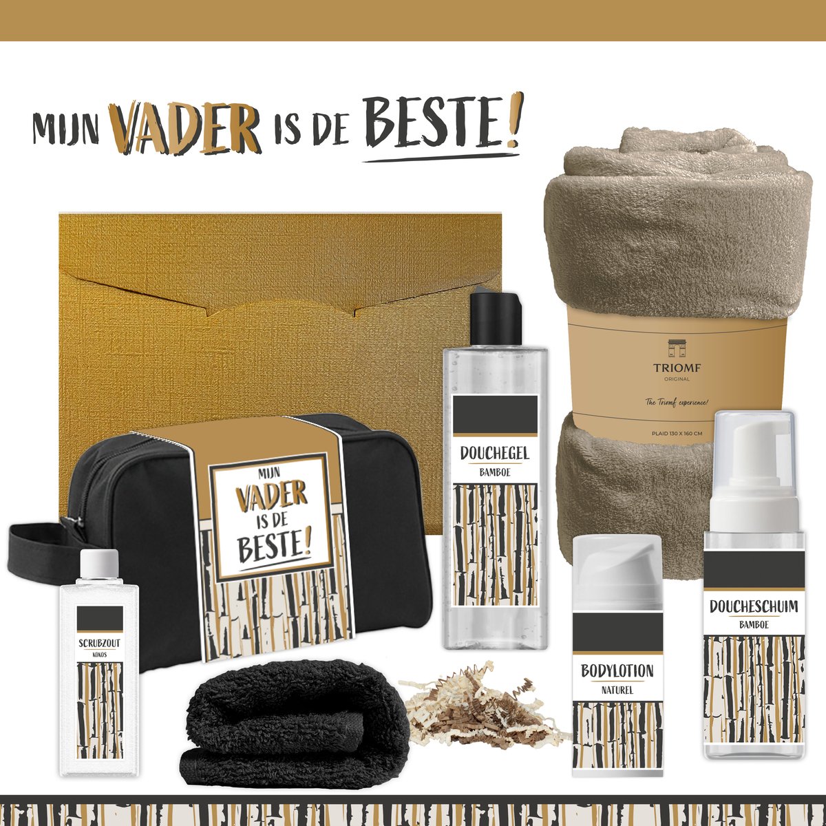 Geschenkset “Mijn vader is de beste!” - 7 producten - 1390 gram | Giftset voor hem Vader Papa Cadeau Luxe Wellness Pakket Man Speciaal Cadeaupakket Doos Handdoeken Fleecedeken Geschenk Cadeaudoos Verjaardag Vaderdag Gift Set Douche Taupe Goud