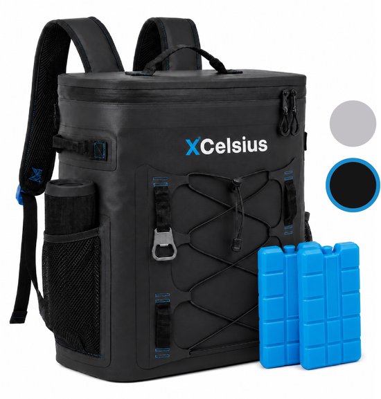 Sac à dos glacière XCelsius noir de 20 litres avec décapsuleur et poches en filet. Comprend 2 blocs réfrigérants bleus.