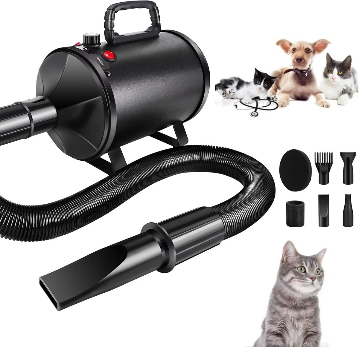 JOYNEXTBUY - Professionele Hondenföhn 2800W - Hondenblazer met 4 opzetstukken - Instelbare Temperatuur en Luchtstroom - Zwart