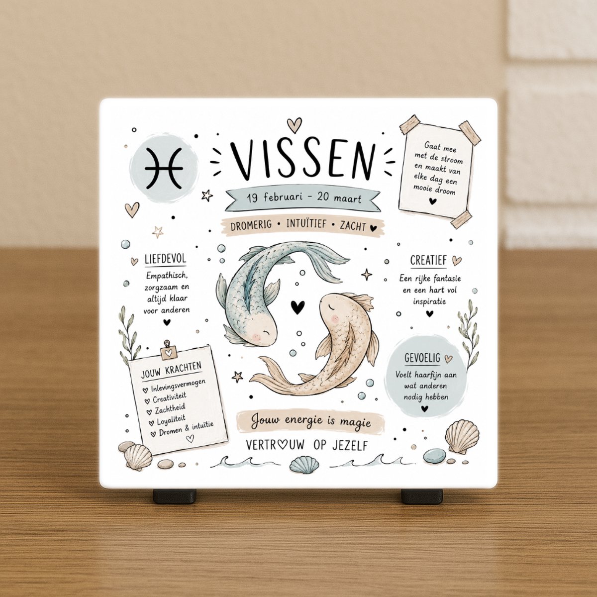 Wenstegeltje "Horoscoop Vissen" – Luxe Cadeautegel met Tekst – Perfect Cadeau voor verjaardagen, vriend(in), collega’s - Trendy nu - Keramiek - Zomaar – Cadeau – Incl standaard - Horoscoop