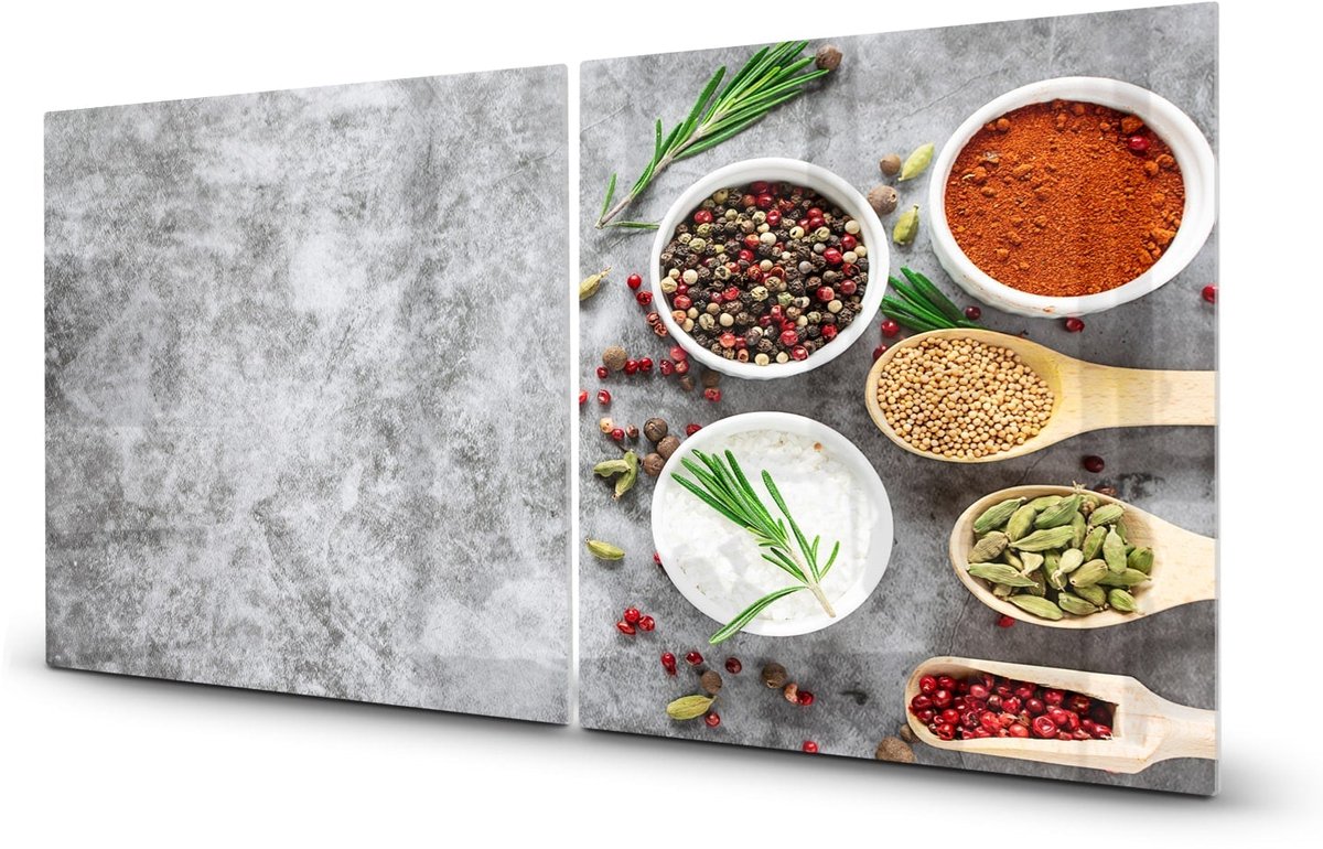 Mydesignglas Glazen Inductie Beschermer - Krasvrij Gehard Glas met Antislip - Afdekplaat voor Kookplaat - Spatscherm Achterwand Keuken - Kruiden & Specerijen, grijze achtergrond - 2x45x52