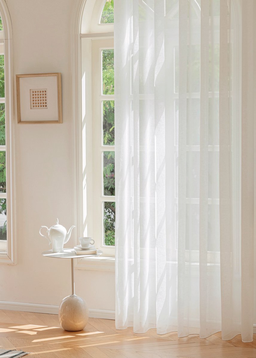 Maroyathome Bibiana - Vitrage - Kant en klaar - Plooiband - Loodveter - Schelphaken - Embrasse - OFF WHITE - 300 x 180 cm - 300 cm breed - 180 cm lengte - 1 stuks