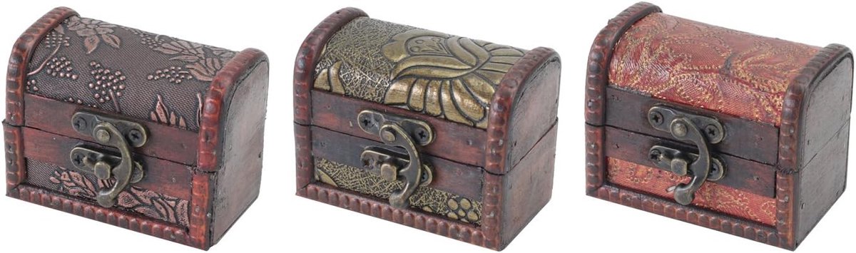 SnelShoppen - Houten Sieradenbox - Kleine Schatkist met Decoratieve Vintage Sluiting - Voor Sieraden, Ringen, Verloving, Bruiloft - Set van 3 - 8 x 5