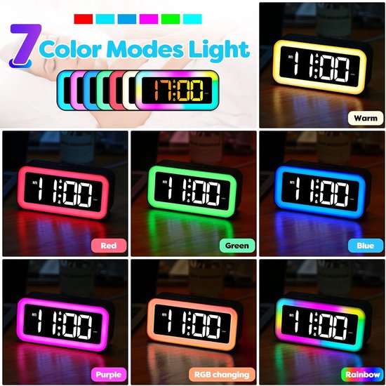 Digitale Wekker - Tafelklok Led - Wakker Worden - Rgb Sfeerlicht - 14.5 cm - Zwart — afbeelding 4