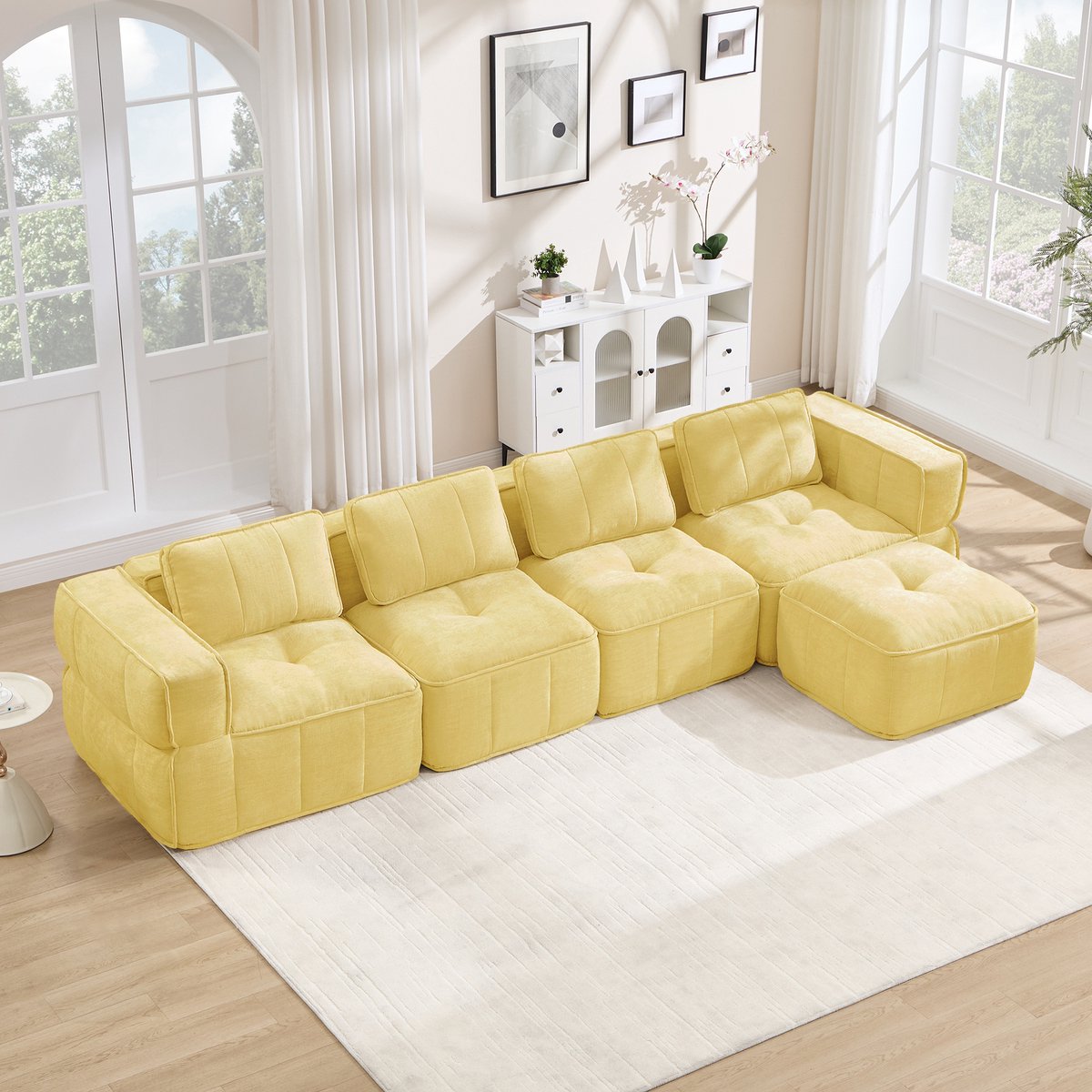 Moderne Hoekbank, L-Bank, 4-Zits bank, 4-Zits L-Vormige, Frameloze Modulaire Bank Met Voetenbank, Gevuld Met 32D Schuim Met Hoge Dichtheid, Diepe Zitkussens, Zachte En Comfortabele Stof, Ideaal Voor De Woonkamer-Geel