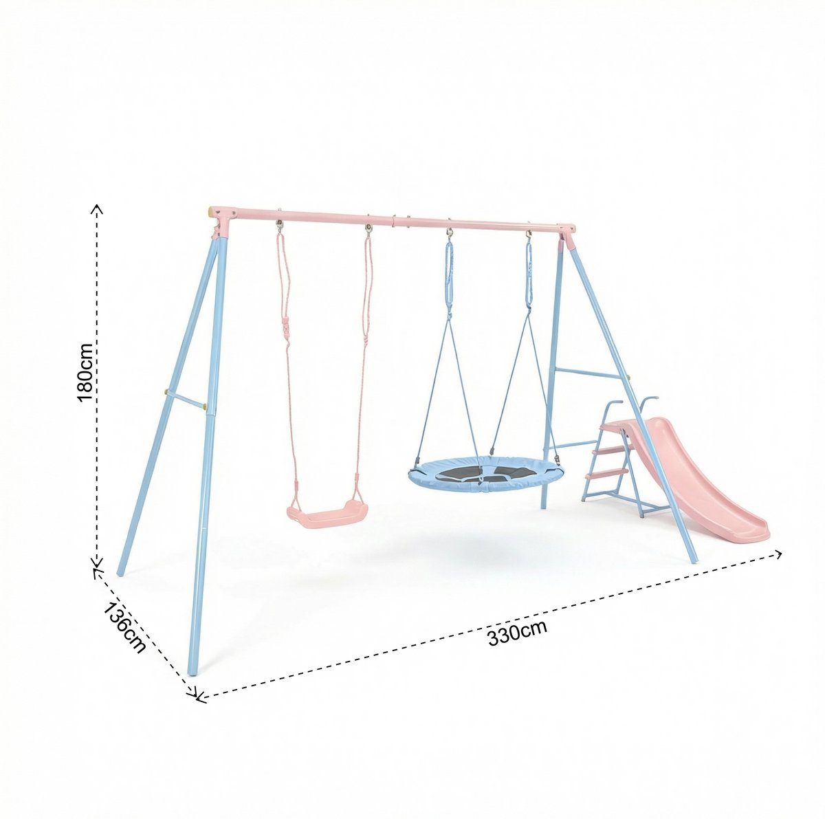 REDOM - Schommelset met glijbaan - Dubbele schommel met klassieke zit en rondschommel - A-frame metalen structuur - Voor buiten - Metaal - 330 x 136 x 180 cm