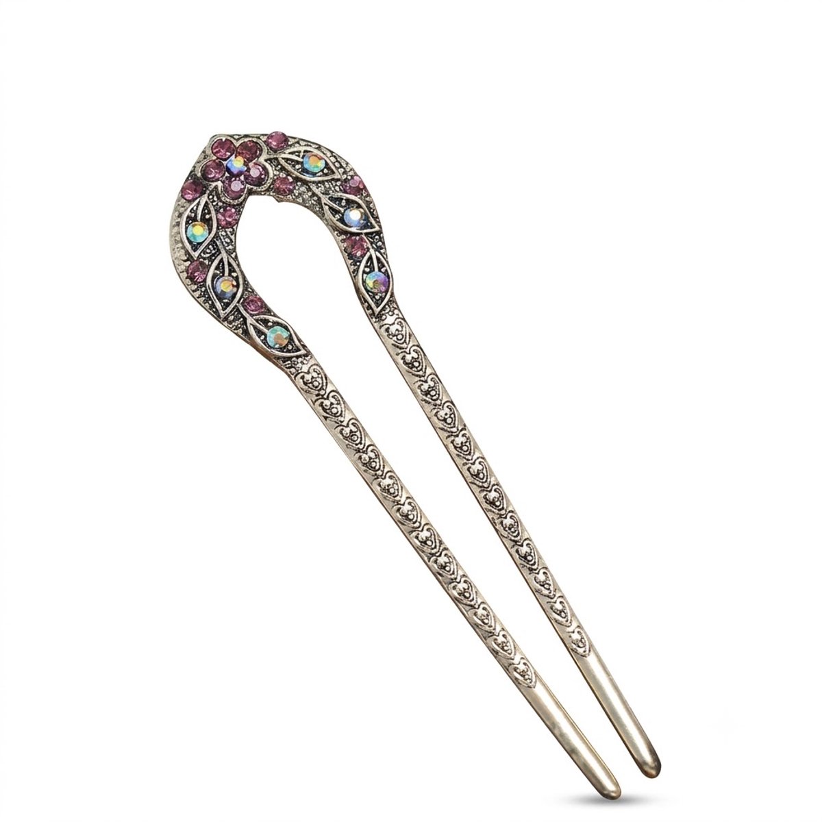Zilverkleurige haarpin dames vintage U vorm haarpin met paarse strass stenen haar stok voor haarknot opsteek kapsel gegraveerd metalen haar accessoire