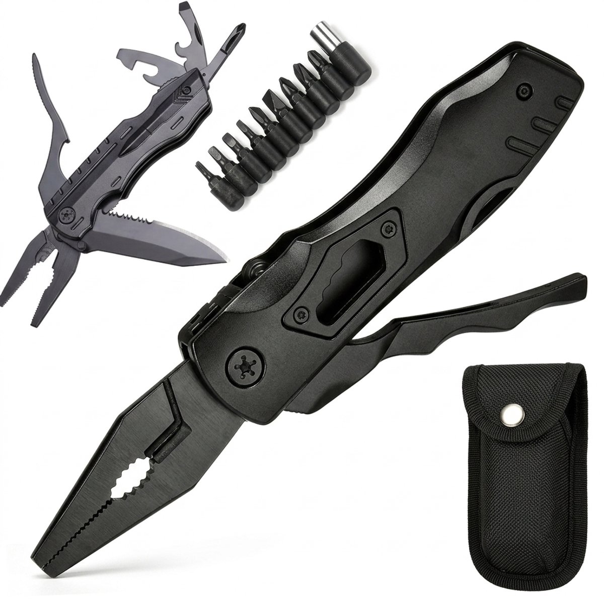Fokelyi Multitool Zakmes - Multifunctionele Vouwende Tang Met 9 Verwisselbare Bits - Aluminium En 2Cr13 Staal - Combinatietang-16 cm Uitvouwlengte - Survival En Camping - Zwart