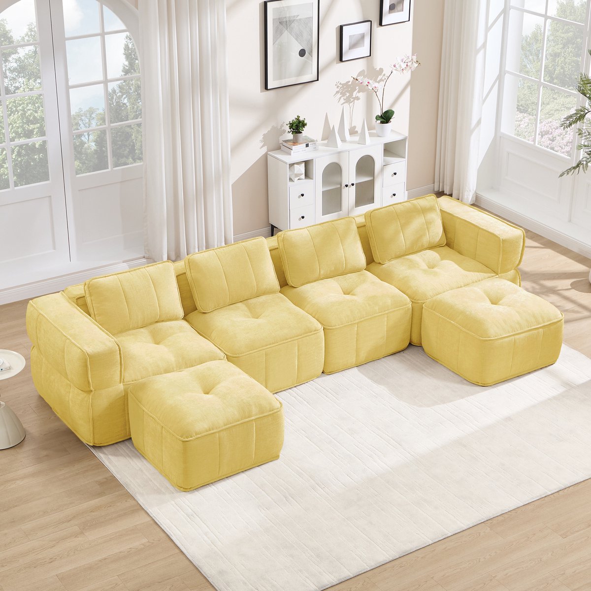 Moderne Hoekbank, U-Bank, 4-Zits bank, Modulaire U-Vormige Bank Voor 4 Personen Zonder Frame, Met 2 Voetenbankjes, 32D Schuim Met Hoge Dichtheid, Zachte En Comfortabele Stoffen Bekleding, Antislip, Voor De Woonkamer, Geen Montage Nodig-Geel