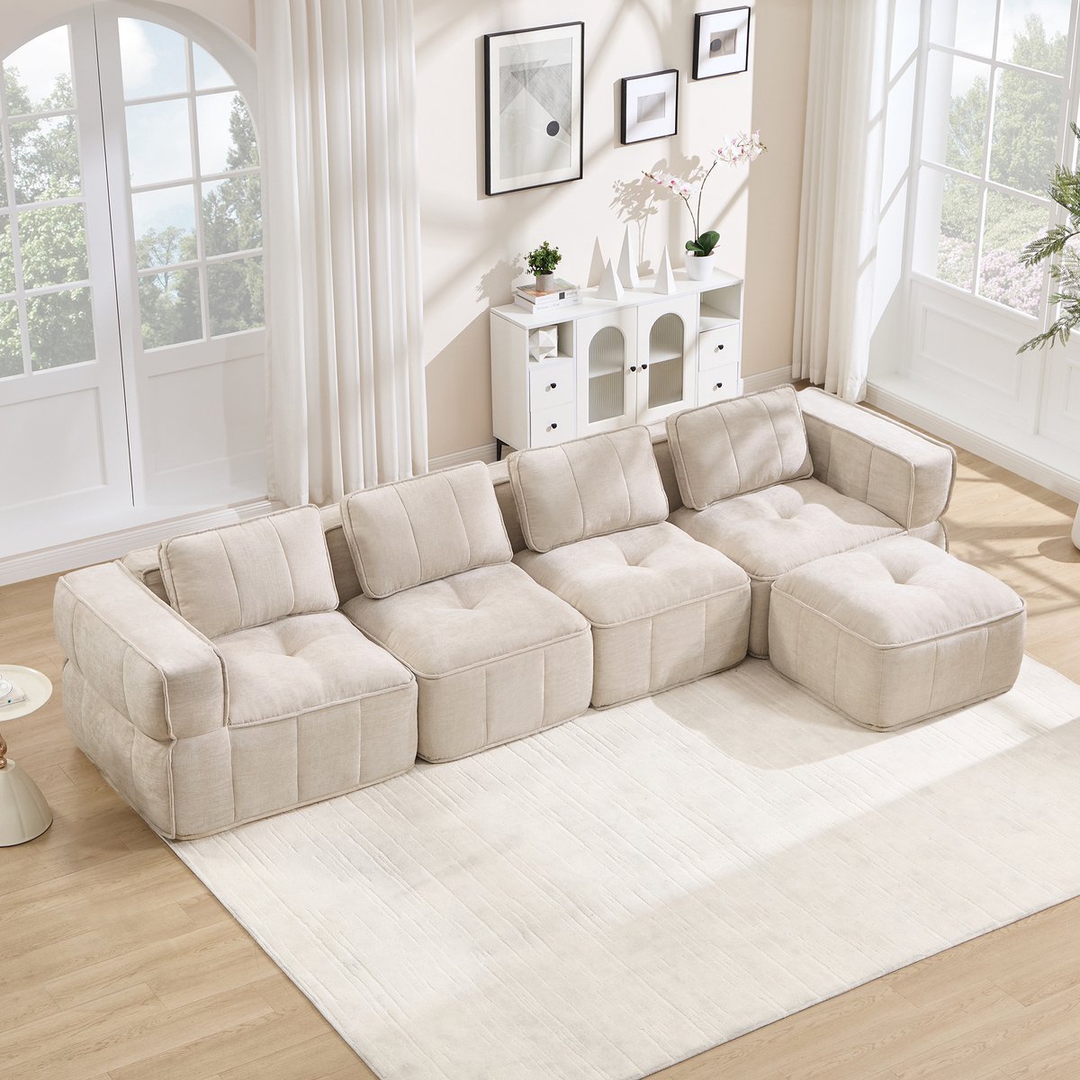 Moderne Hoekbank, L-Bank, 4-Zits bank, 4-Zits L-Vormige, Frameloze Modulaire Bank Met Voetenbank, Gevuld Met 32D Schuim Met Hoge Dichtheid, Diepe Zitkussens, Zachte En Comfortabele Stof, Ideaal Voor De Woonkamer-Beige