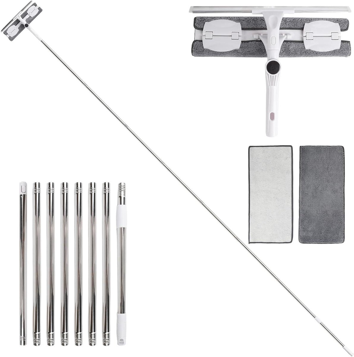 Raamwisser Uitschuifbaar - Telescopische Reiniger - Hoge Ramen Zemen - 4.2 Meter Bereik - 40cm Wisser - Zilver