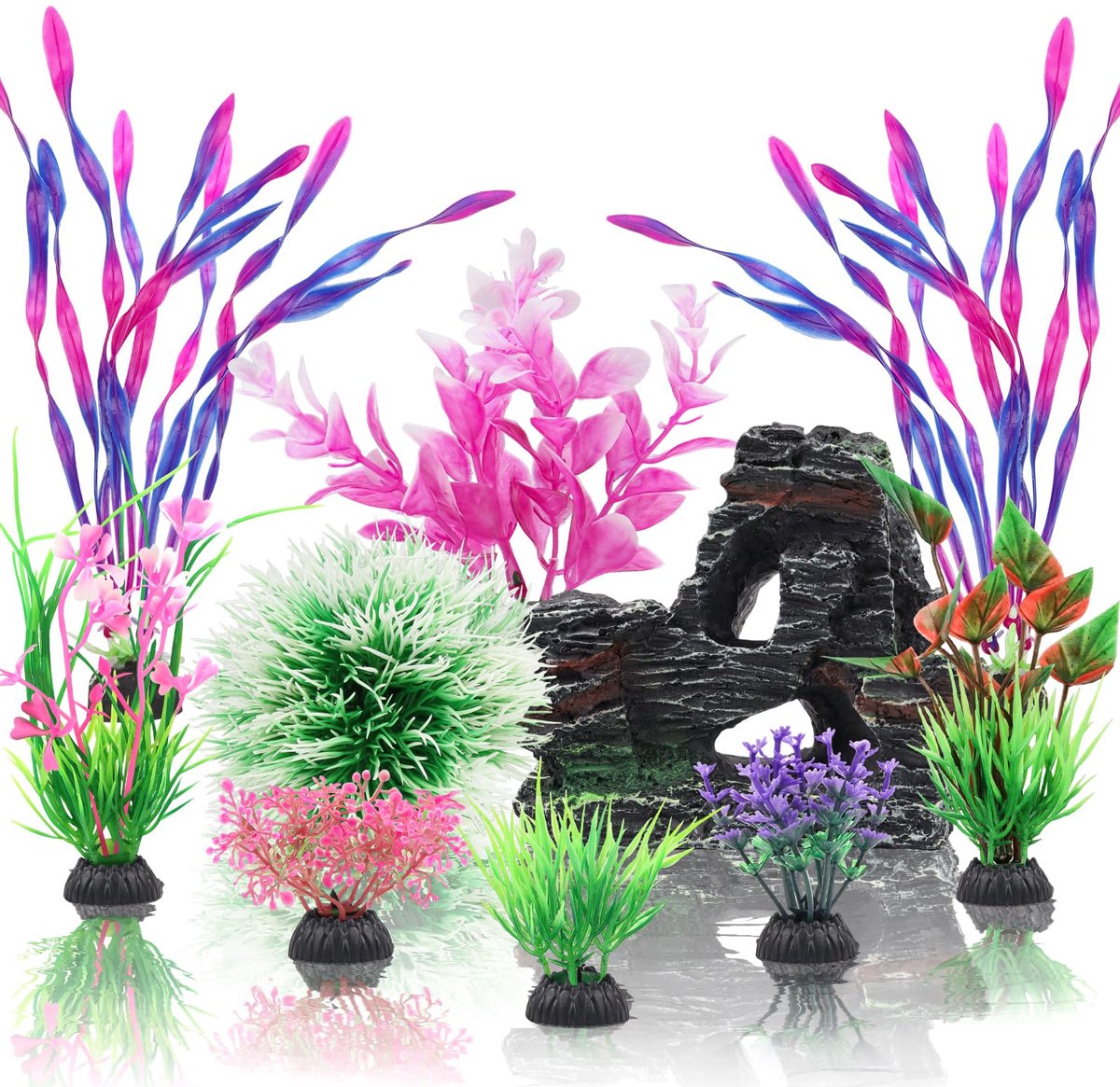 Aquariumaccessoires voor aquariumaquaria, kunstplanten en grotsteendecoraties, set van 10 stuks, kleine en grote kunstmatige aquariumplanten met grotsteen