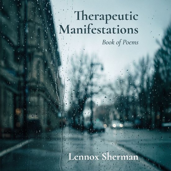 Couverture du livre 'Therapeutic Manifestations' par Lennox Sherman, avec du texte sur une rue pluvieuse.