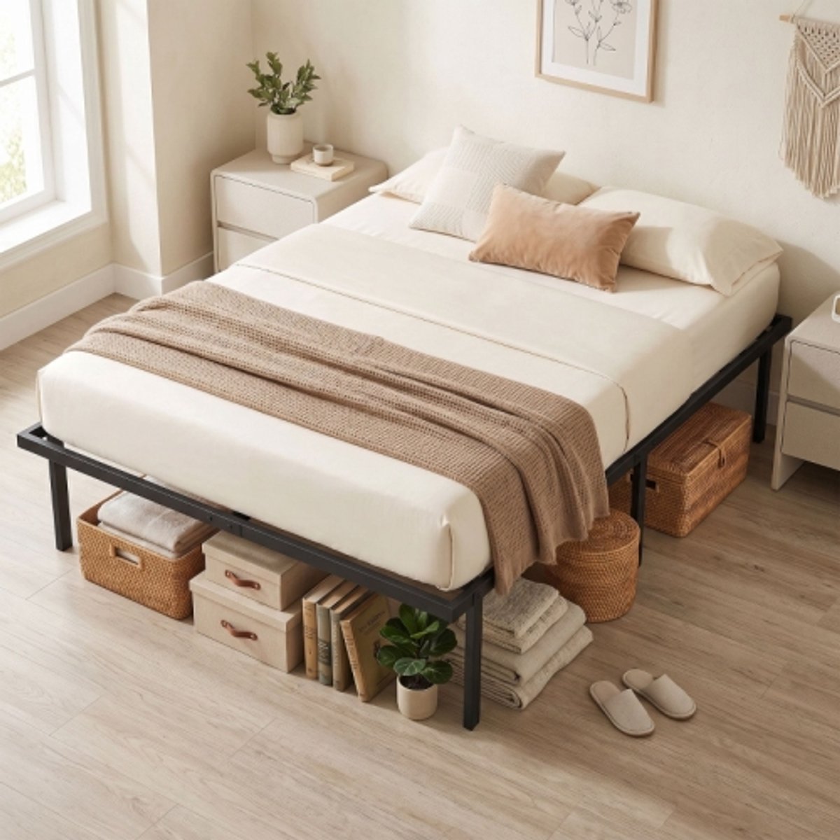 Metalen bedframe 140 x 200 cm - Met opbergruimte - Met lattenbodem - Met hoofdbord - Metaal - Zwart