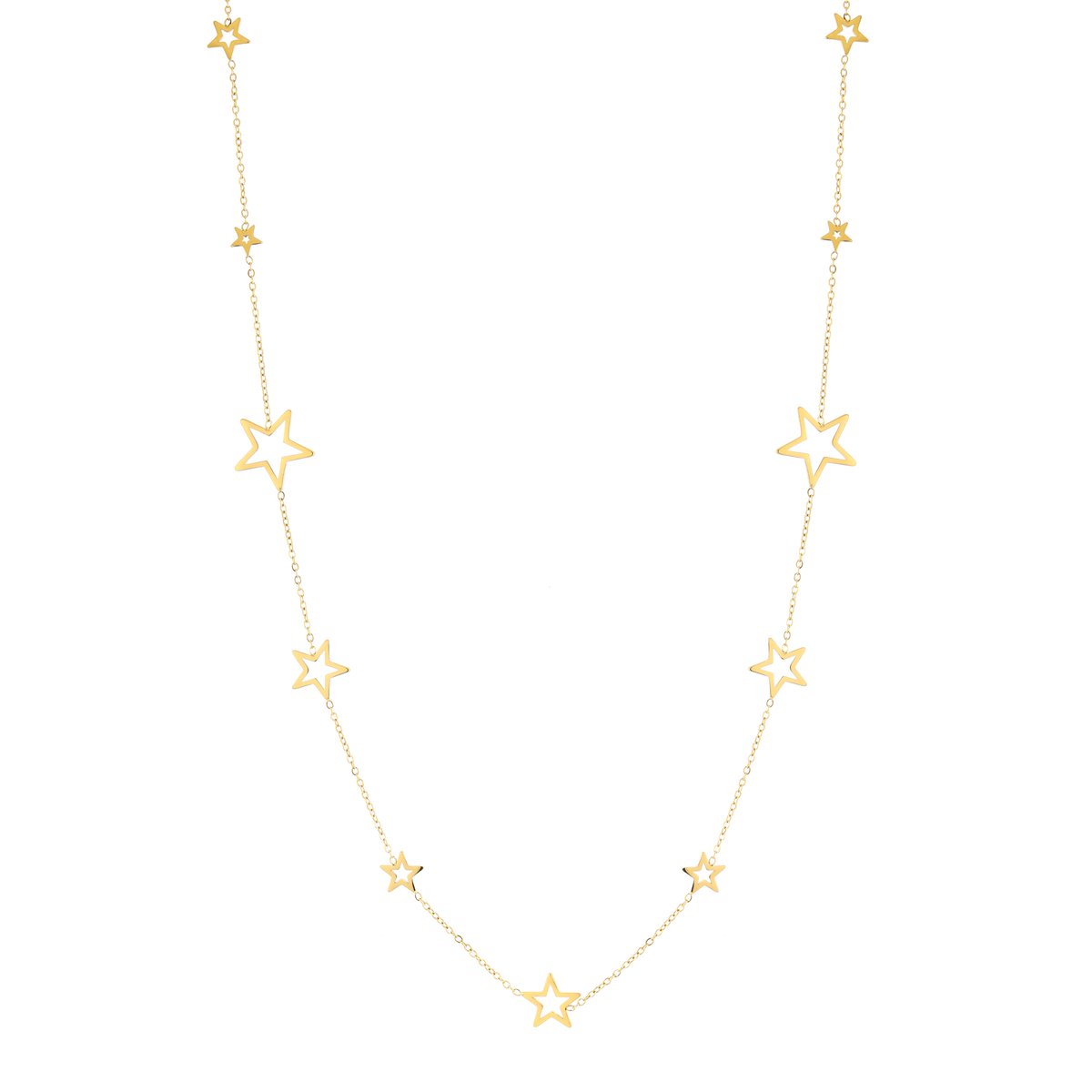 Opengewerkte Sterren Bedels Fijne Schakelketting – Lange Ketting 75cm met Sterren – RVS - Goud