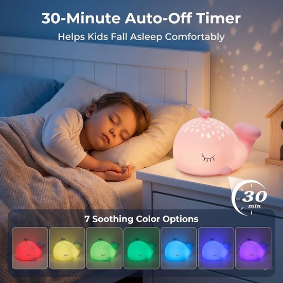 Nachtlampje in de vorm van een walvis voor kinderen – schattige siliconen lamp voor de babykamer met oceaan-thema, 7 kleuren (RGB) & timer, dimbaar, oplaadbaar via USB-C, ideaal als cadeau voor verjaardag of Kerstmis - roze — afbeelding 4