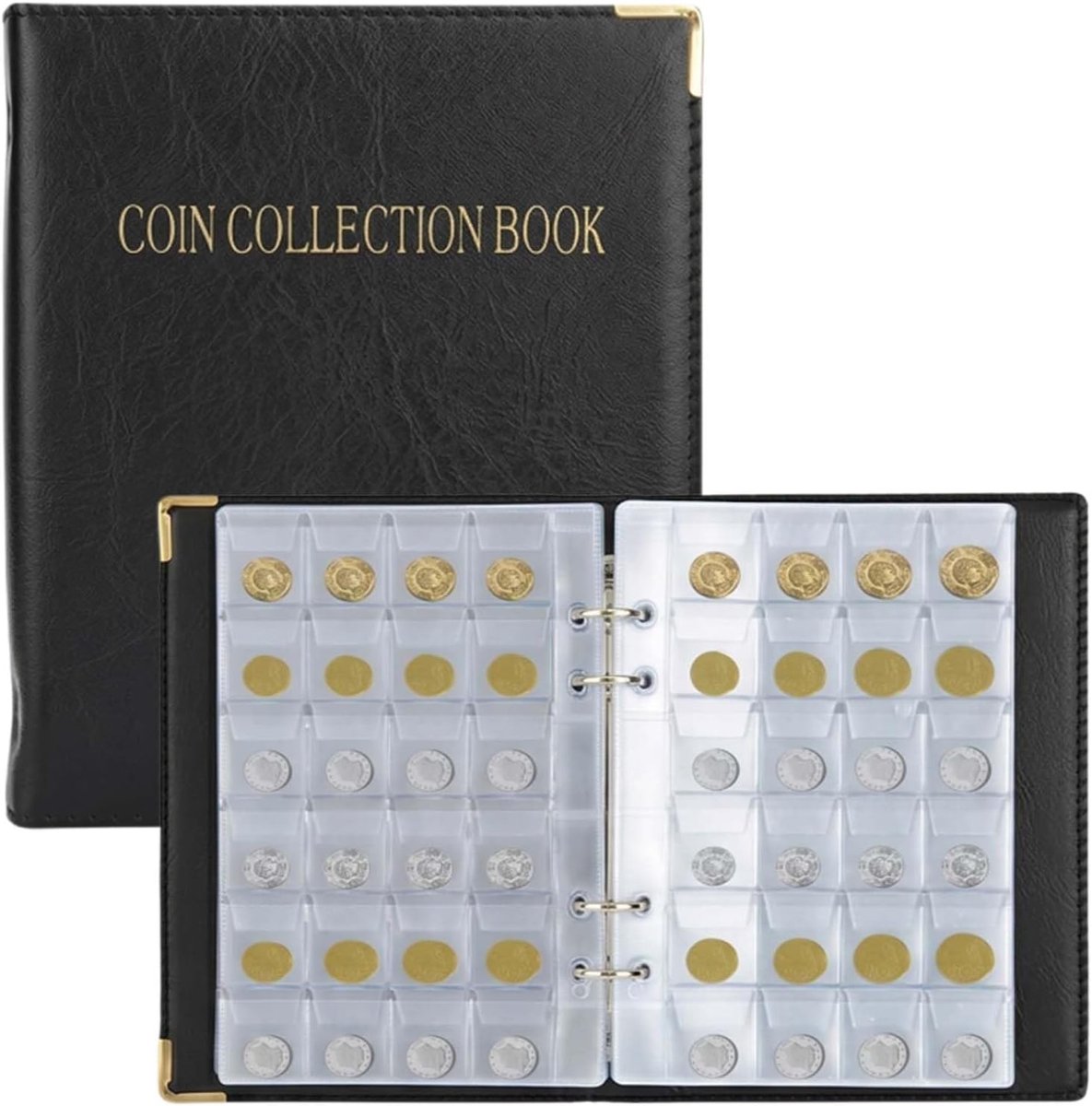 Coin collectie album set van 480 - zwart PU met transparante pagina's - 3x3 cm compartimenten - ShopVlot