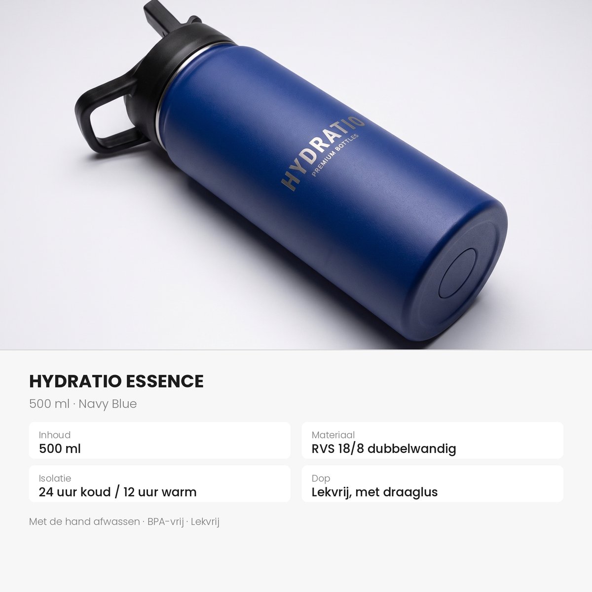 Hydratio Essence Thermosfles 500 ML Blauw – Drinkfles 0,5 Liter RVS Dubbelwandig – Waterfles Lekvrij & BPA-Vrij – Isoleerfles 24 Uur Koud 12 Uur Warm – Thermosbeker Travel Mug Koffie Thee – Sport School Werk Cadeau – Navy Blue thumbnail 2