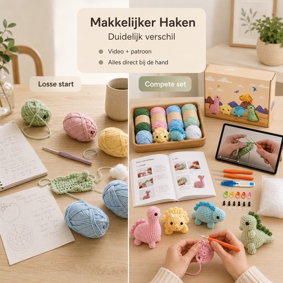 Haakset met garen, patronen en gehaakte dinosauriërs in roze, geel, groen en blauw.