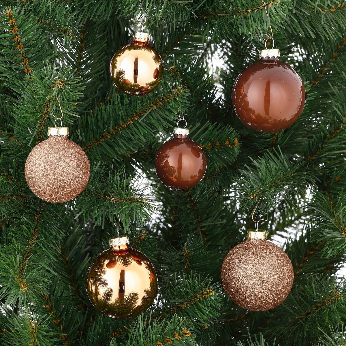 Mica Decorations Kerstballenset van Glas - Kerstballen met Glans en Glitter - Kerstversiering voor de Kerstboom - Piek voor de Boomtop - Set van 42 Stuks - Ø7 cm - Bruin – foto 2