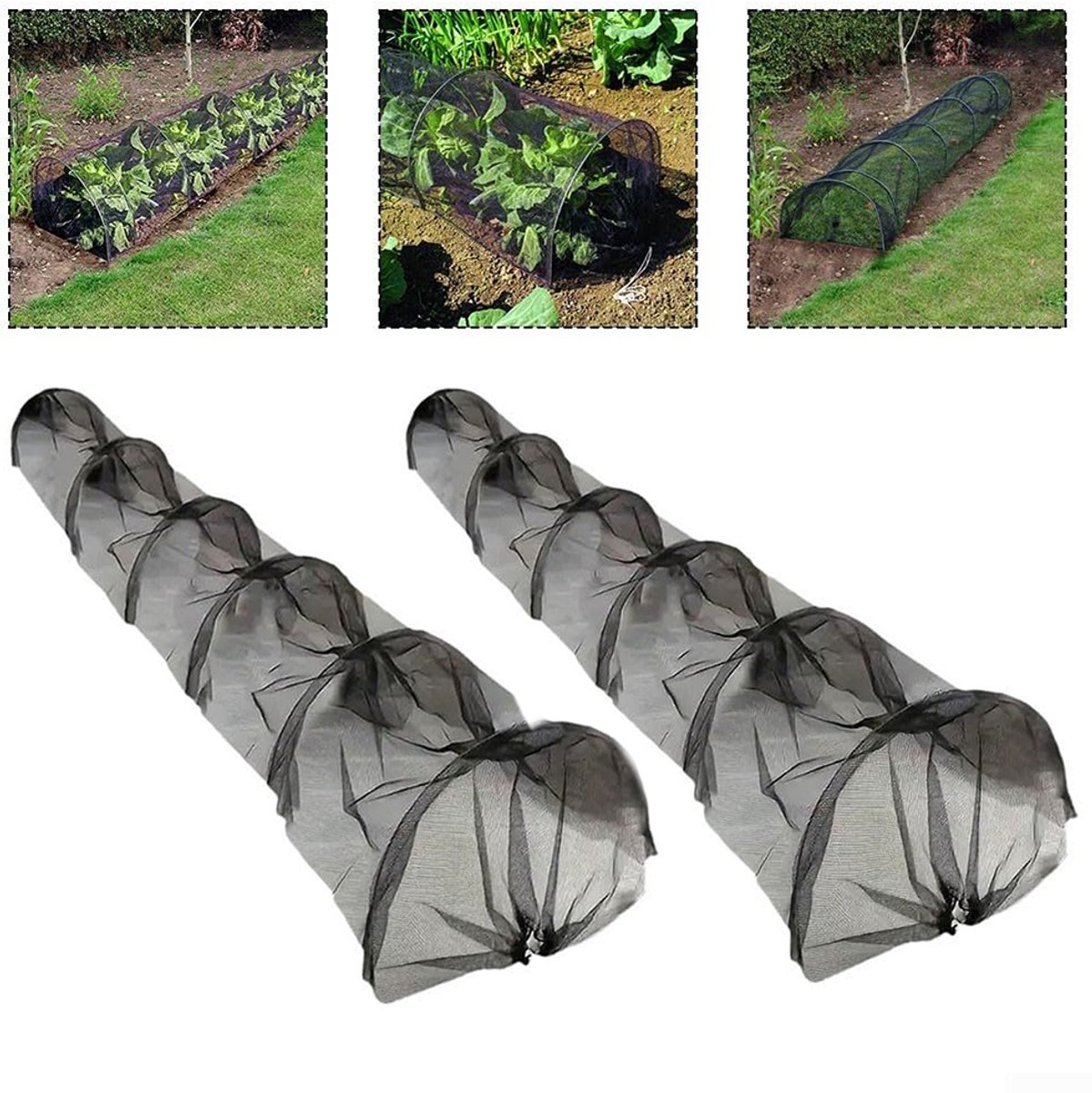 Planttunnel - 2-pack - 300*45*45 cm - 35 g schaduwnet - Groentetunnel van gaas - Verhoogde tuinafdekking - Insectennet voor de landbouw - Kasnet voor groenten - UV-bescherming voor planten - Zwart
