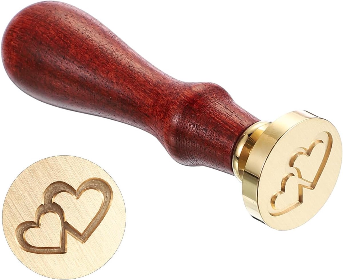 Twee harten wax zegel stempel, zegellak stempel klassieke retro verwijderbare messing kop houten handvat voor envelop uitnodigingskaarten, bruin