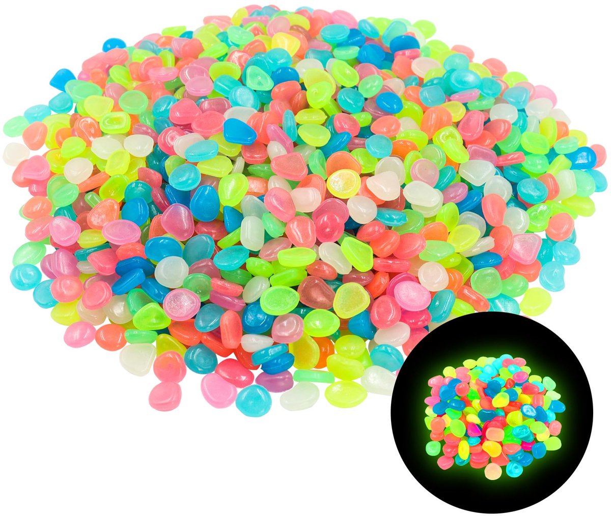 1000 stuks lichtkiezels voor visserij, decoratieve mini-tuinstenen, kleurrijke fosforescerende kiezelstenen voor buiten, rots voor aquarium, wandellandschap (meerdere kleuren)
