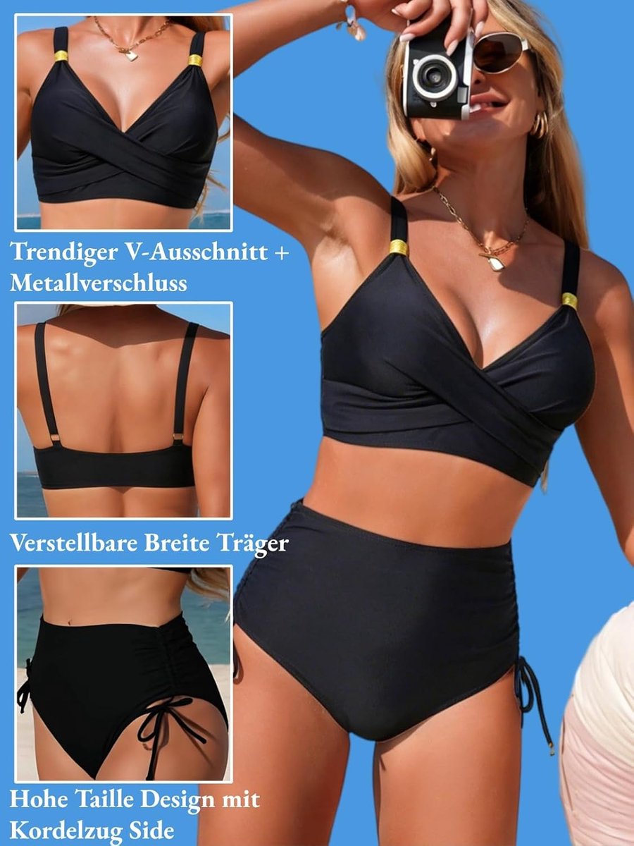 Bikini voor dames, tweedelige V-hals, trekkoord, zijbadpak, hoge taille, buikweg-bikini