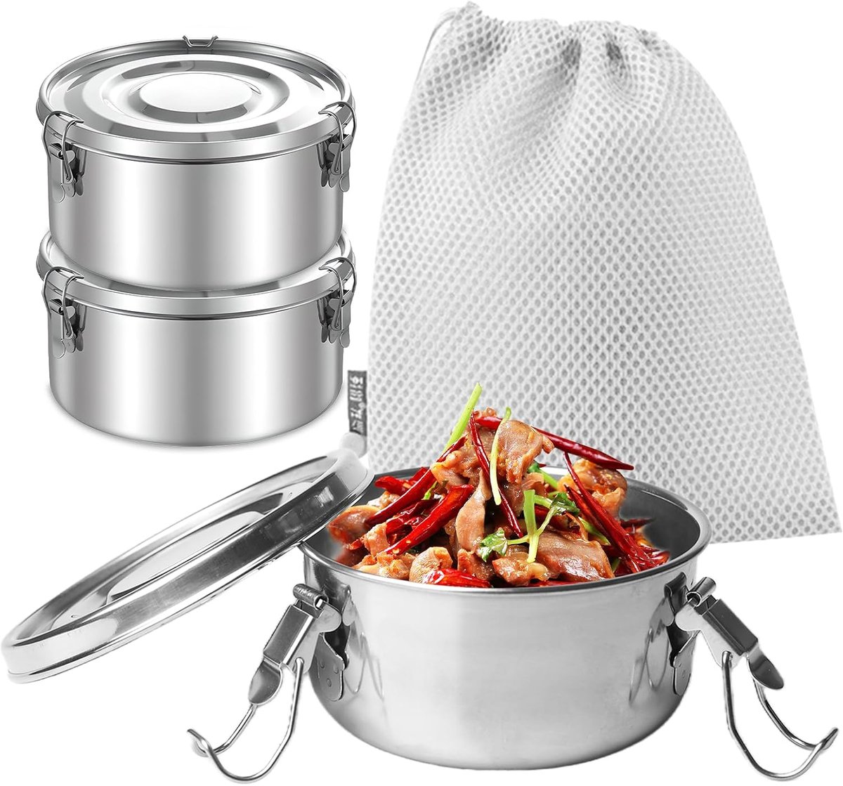 3 stuks roestvrijstalen broodtrommel, roestvrijstalen broodtrommel, lunchbox roestvrijstalen doseerpot met deksel en koordtrekhaakjes, roestvrijstalen container, Bento Box, broodtrommel voor